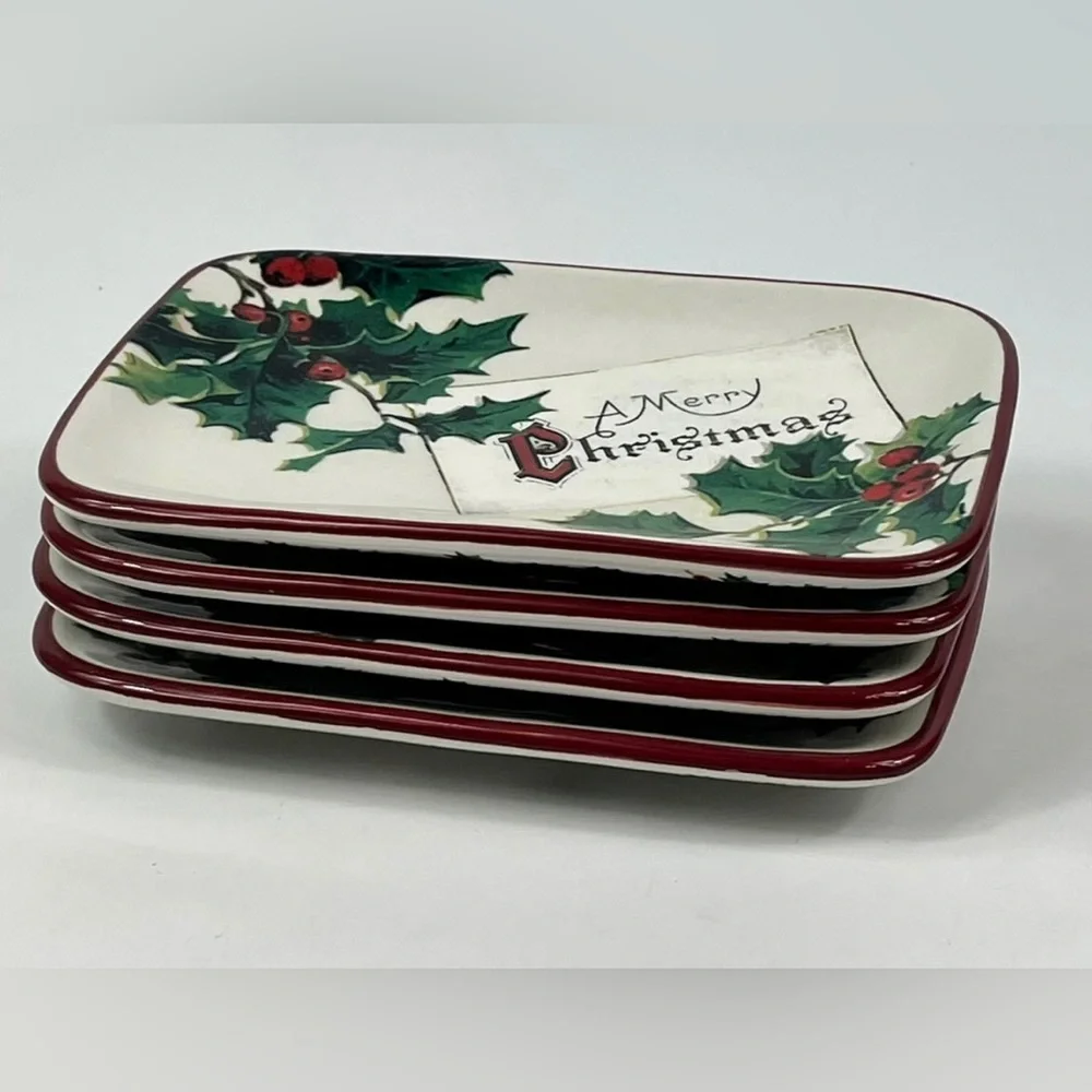 Williams Sonoma 2012 Vintage Christmas Postcard Plates Set Of 4 Holly 7×5 Tray